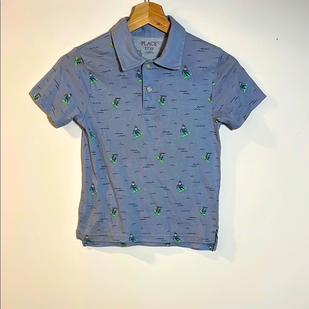 PLACE Kids (5-6) Surfing Shark Print Blue Polo Shirt